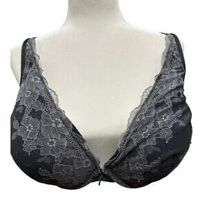 Cacique Bra Boost Plunge Black Gray lace overlay Adjustable strap 50 C